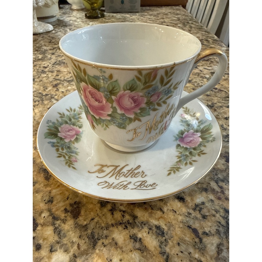 Vintage To Mother With Love Teacup Saucer Set Japan MA-442 Pink Rose Gold Trim